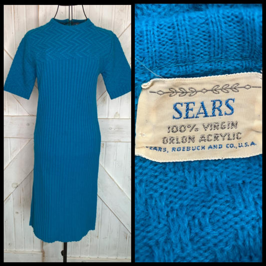 60's Vintage Sears Roebuck Co Teal Blue Mod Mad Men Sweater Midi Dress