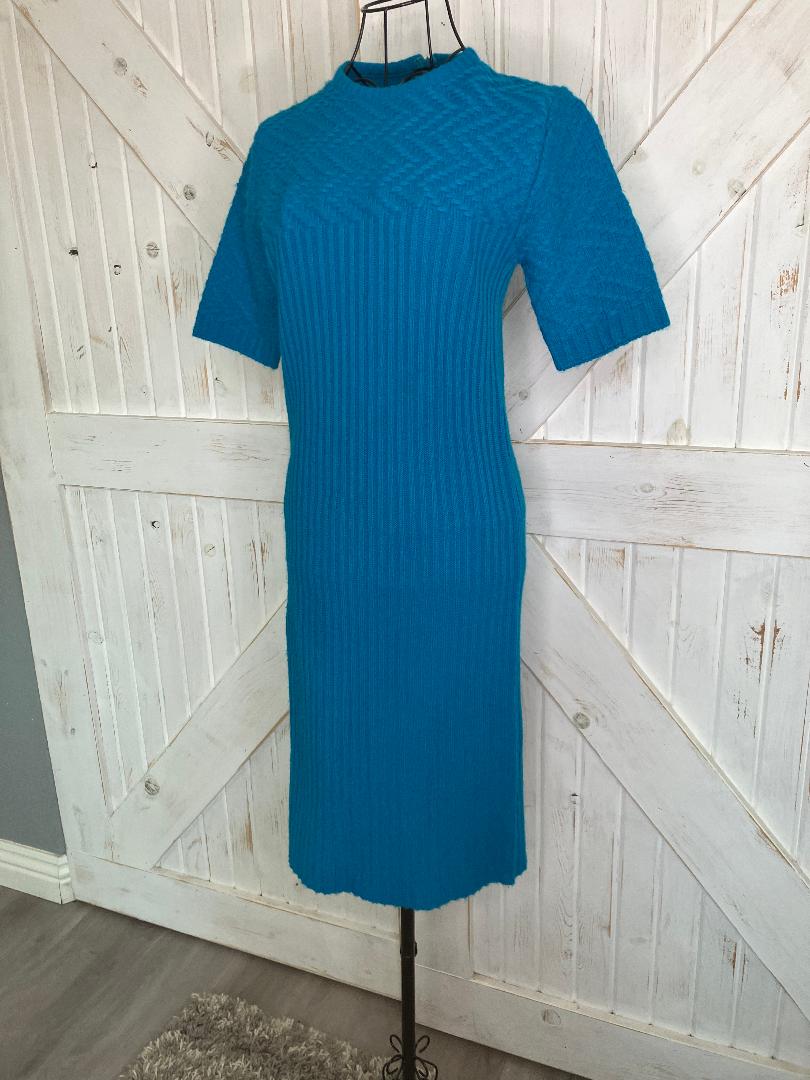 60's Vintage Sears Roebuck Co Teal Blue Mod Mad Men Sweater Midi Dress