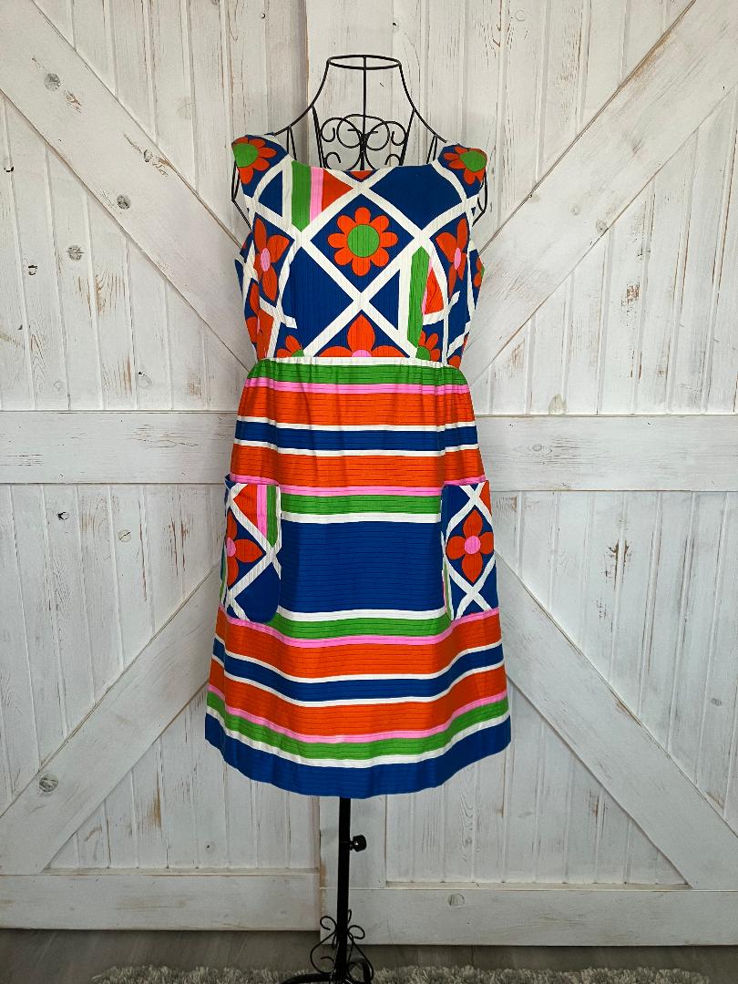 70's Vintage Malia Honolulu Blue Neon Green Orange Flower Power Hawaiian Stripe Sundress Mini Dress