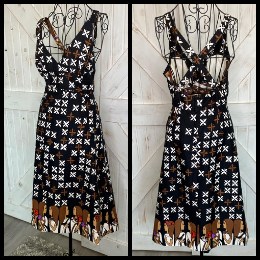 70's Vintage Malia Honolulu Black White Brown Island Girl Novelty Print Sundress Tea Dress *Hemmed