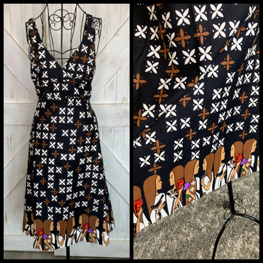 70's Vintage Malia Honolulu Black White Brown Island Girl Novelty Print Sundress Tea Dress *Hemmed