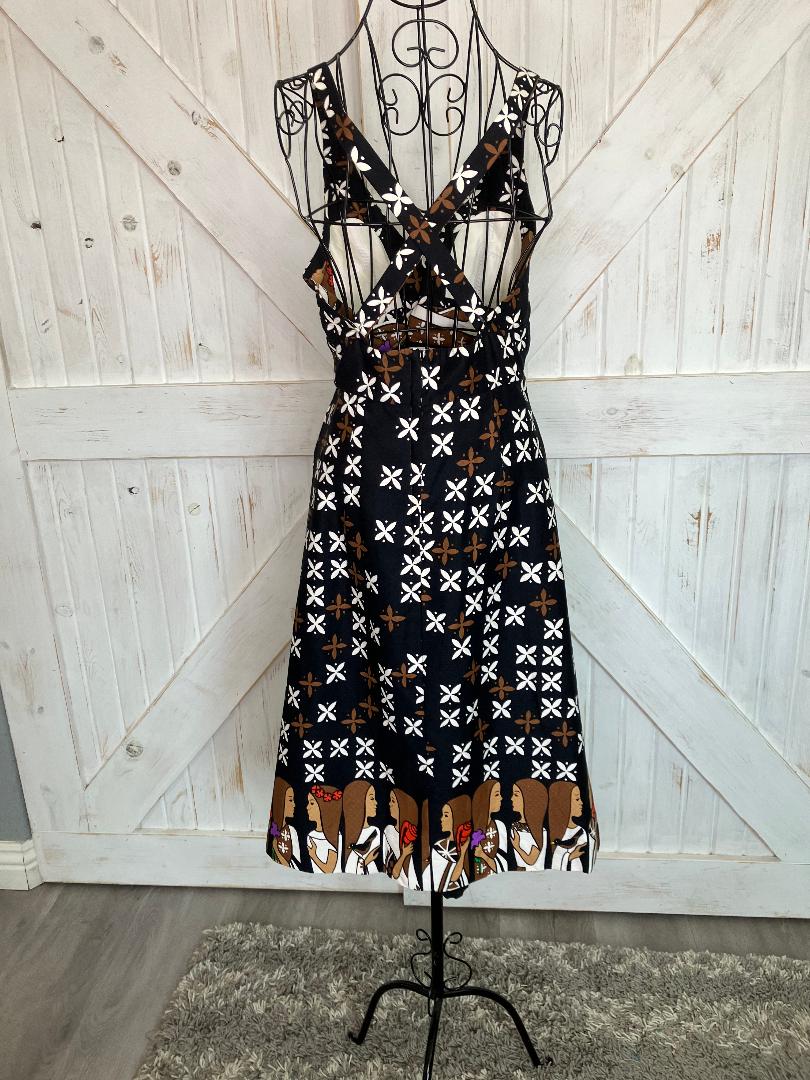 70's Vintage Malia Honolulu Black White Brown Island Girl Novelty Print Sundress Tea Dress *Hemmed