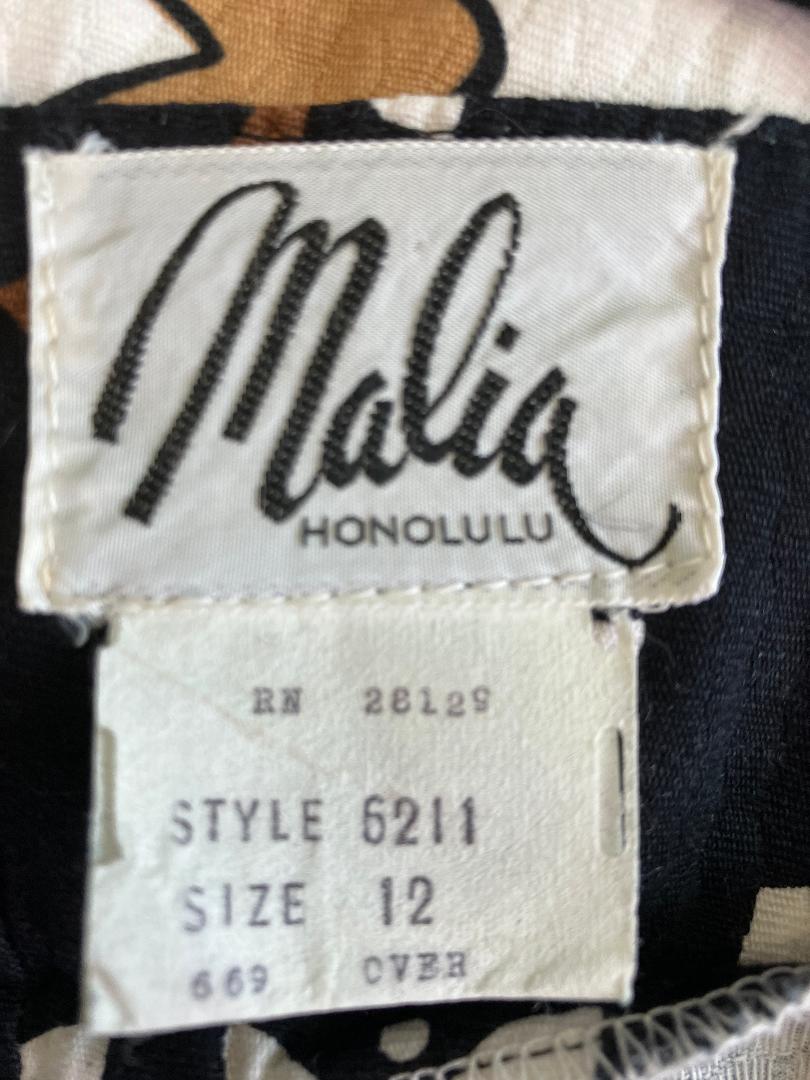 70's Vintage Malia Honolulu Black White Brown Island Girl Novelty Print Sundress Tea Dress *Hemmed