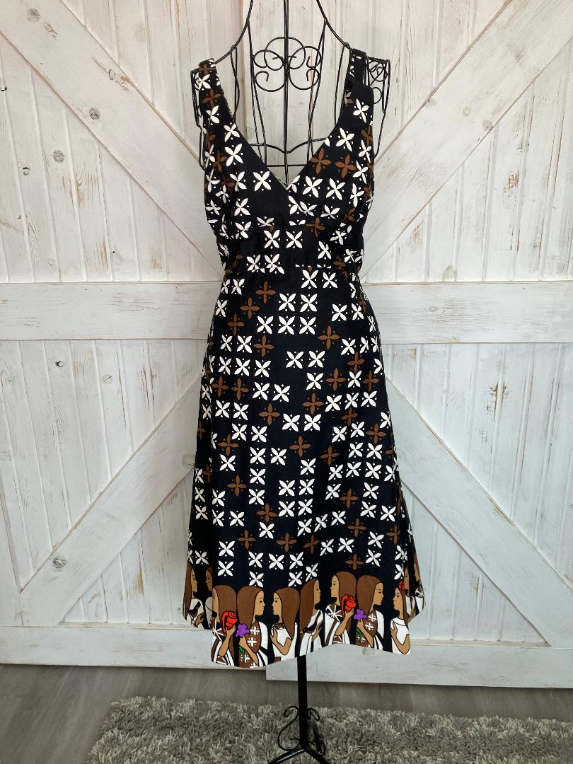 70's Vintage Malia Honolulu Black White Brown Island Girl Novelty Print Sundress Tea Dress *Hemmed