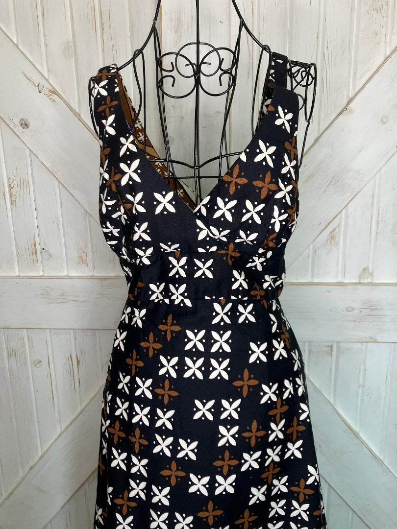 70's Vintage Malia Honolulu Black White Brown Island Girl Novelty Print Sundress Tea Dress *Hemmed