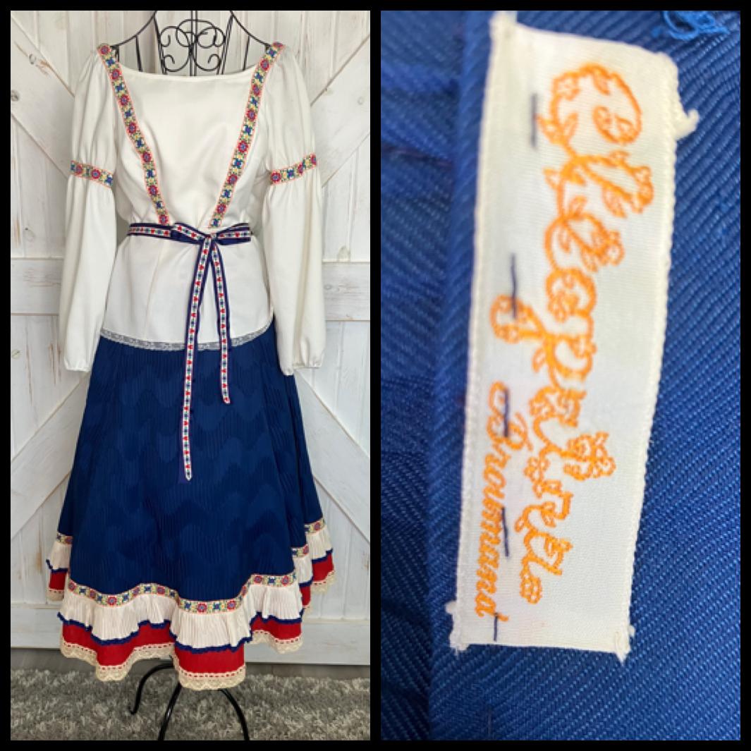 60's Vintage Cleopatra Broumand Dirndl White Red Blue Peasant Blouse Midi Skirt Set