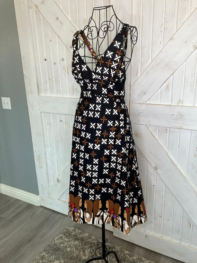70's Vintage Malia Honolulu Black White Brown Island Girl Novelty Print Sundress Tea Dress *Hemmed