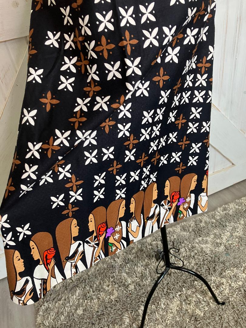 70's Vintage Malia Honolulu Black White Brown Island Girl Novelty Print Sundress Tea Dress *Hemmed