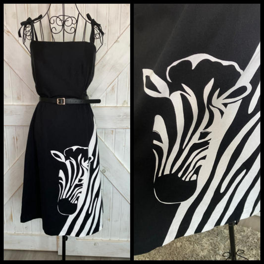70's Vintage Malia Honolulu Black White Zebra Novelty Print Hawaiian Sundress Midi Dress