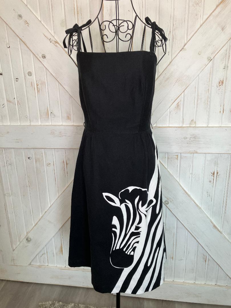 70's Vintage Malia Honolulu Black White Zebra Novelty Print Hawaiian Sundress Midi Dress