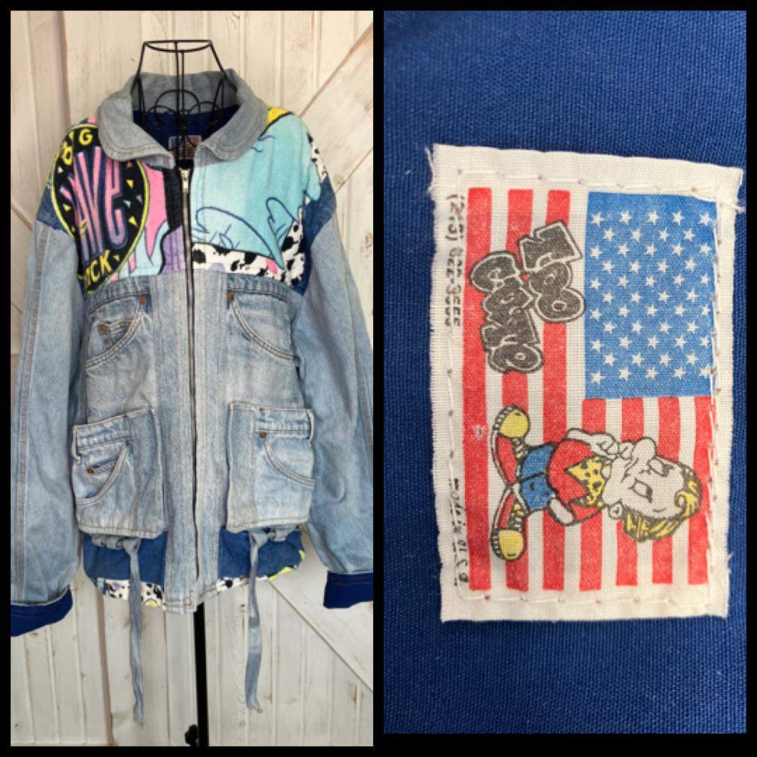 90's Vintage Too Cute Guetta Brothers x Disney Mickey Mouse Big Wave Rainbow Terry Denim Jean Bomber Jacket