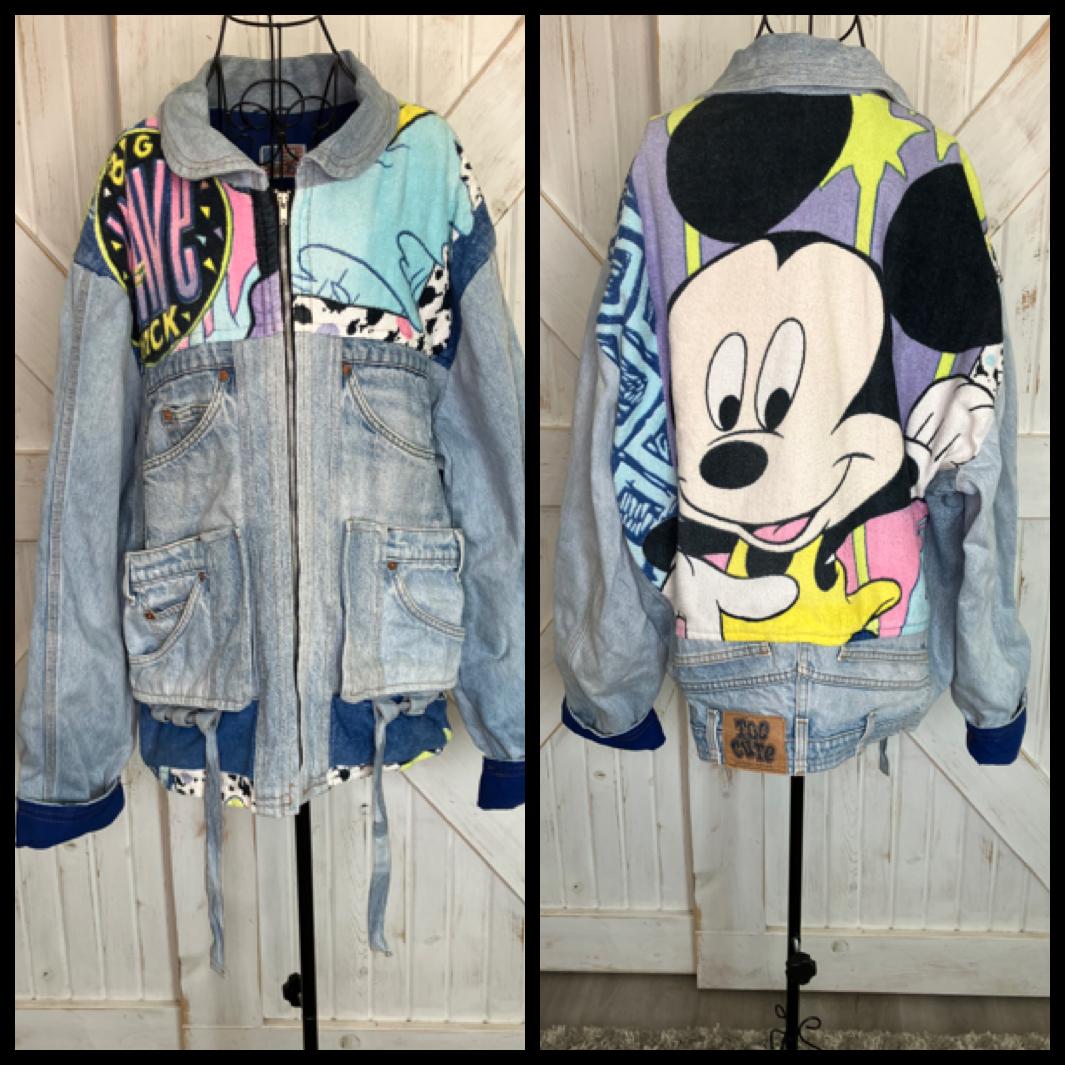 90's Vintage Too Cute Guetta Brothers x Disney Mickey Mouse Big Wave Rainbow Terry Denim Jean Bomber Jacket