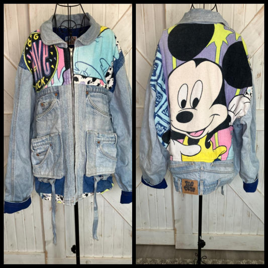 90's Vintage Too Cute Guetta Brothers x Disney Mickey Mouse Big Wave Rainbow Terry Denim Jean Bomber Jacket