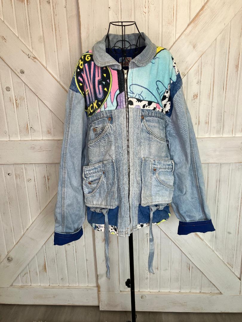 90's Vintage Too Cute Guetta Brothers x Disney Mickey Mouse Big Wave Rainbow Terry Denim Jean Bomber Jacket