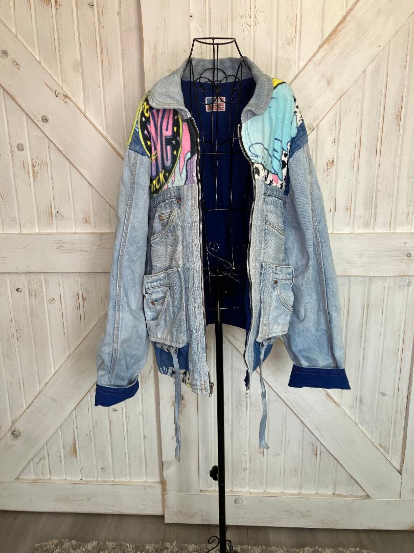 90's Vintage Too Cute Guetta Brothers x Disney Mickey Mouse Big Wave Rainbow Terry Denim Jean Bomber Jacket