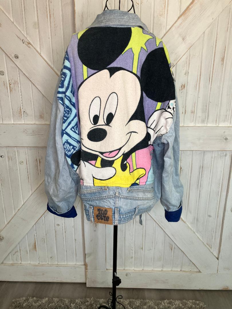 90's Vintage Too Cute Guetta Brothers x Disney Mickey Mouse Big Wave Rainbow Terry Denim Jean Bomber Jacket