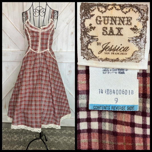 70's Vintage Gunne Sax Red Gray White Plaid Corset Prairie Sundress Midi Dress 9