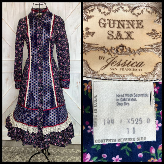 70's Vintage Gunne Sax Blue White Red Pink Green Calico Prairie Midi Dress 11 *Flaws