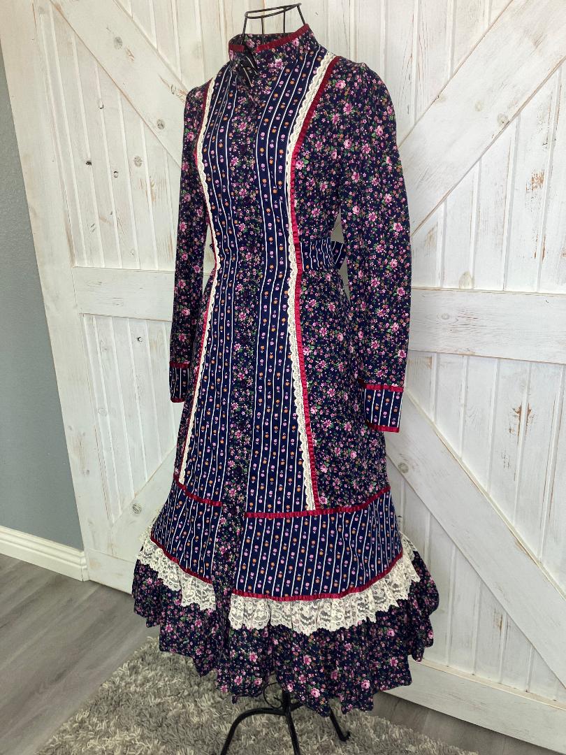 70's Vintage Gunne Sax Blue White Red Pink Green Calico Prairie Midi Dress 11 *Flaws