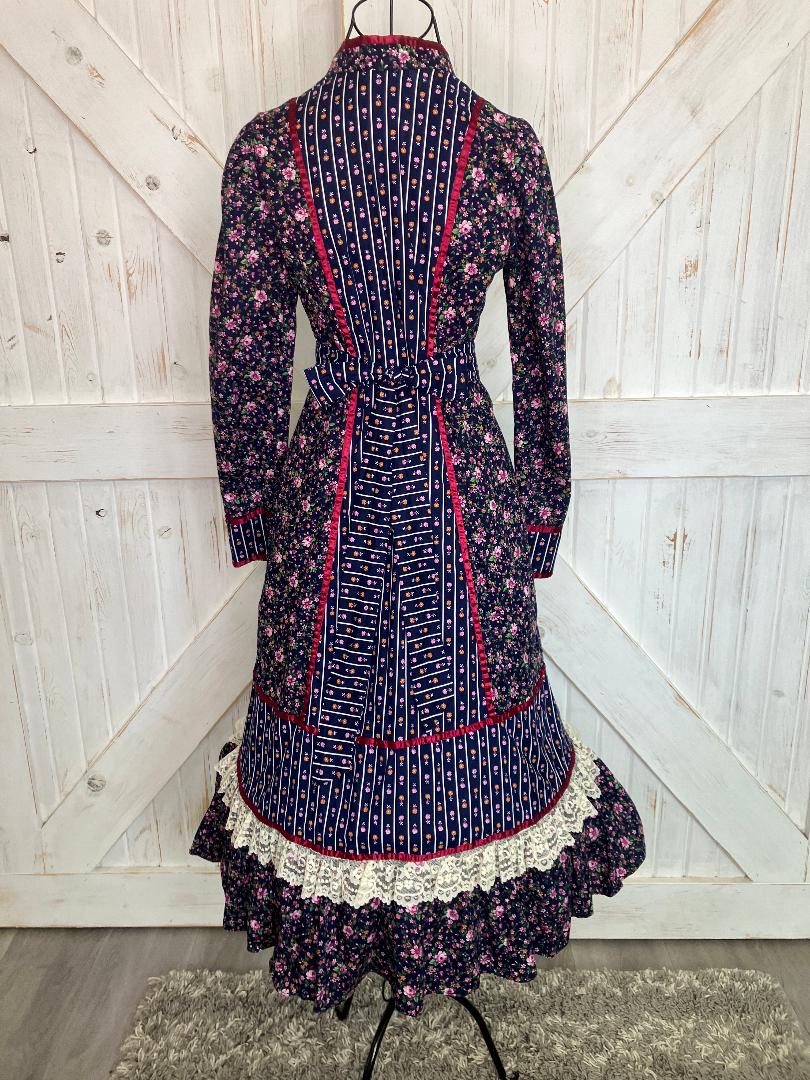 70's Vintage Gunne Sax Blue White Red Pink Green Calico Prairie Midi Dress 11 *Flaws