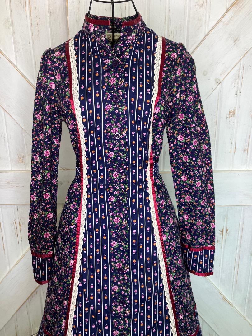 70's Vintage Gunne Sax Blue White Red Pink Green Calico Prairie Midi Dress 11 *Flaws