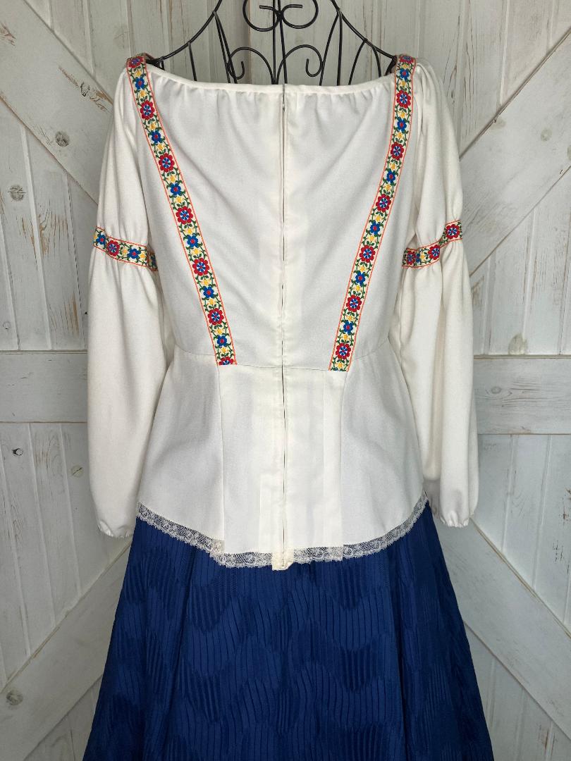 60's Vintage Cleopatra Broumand Dirndl White Red Blue Peasant Blouse Midi Skirt Set