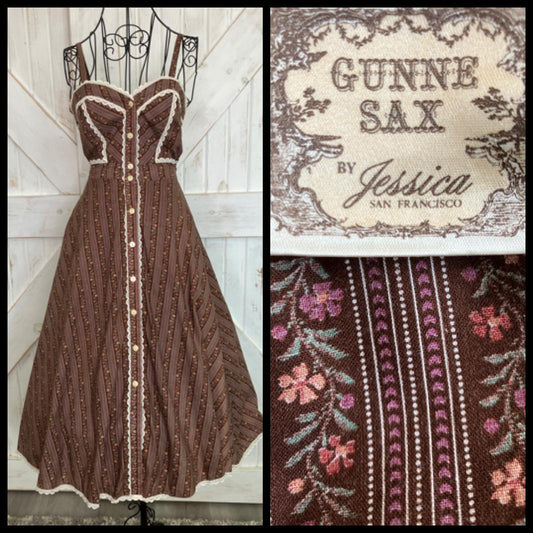 70's Vintage Gunne Sax Brown Pink Calico Stripe Sweetheart Sundress Midi Dress