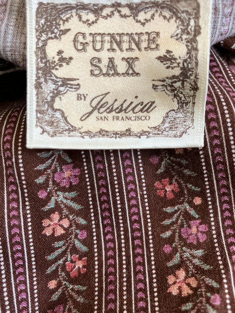 70's Vintage Gunne Sax Brown Pink Calico Stripe Sweetheart Sundress Midi Dress