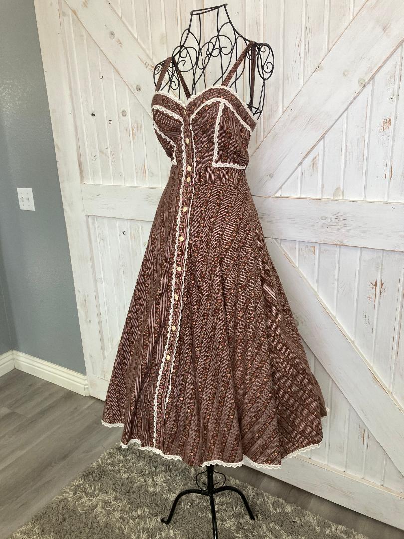 70's Vintage Gunne Sax Brown Pink Calico Stripe Sweetheart Sundress Midi Dress
