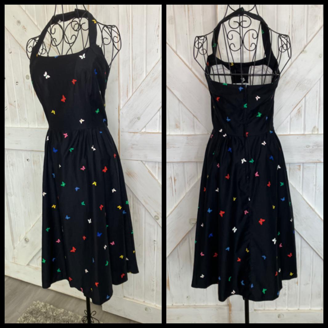 70's Vintage Malia Honolulu Black Rainbow Butterflies Hawaiian Halter Sundress Midi Dress