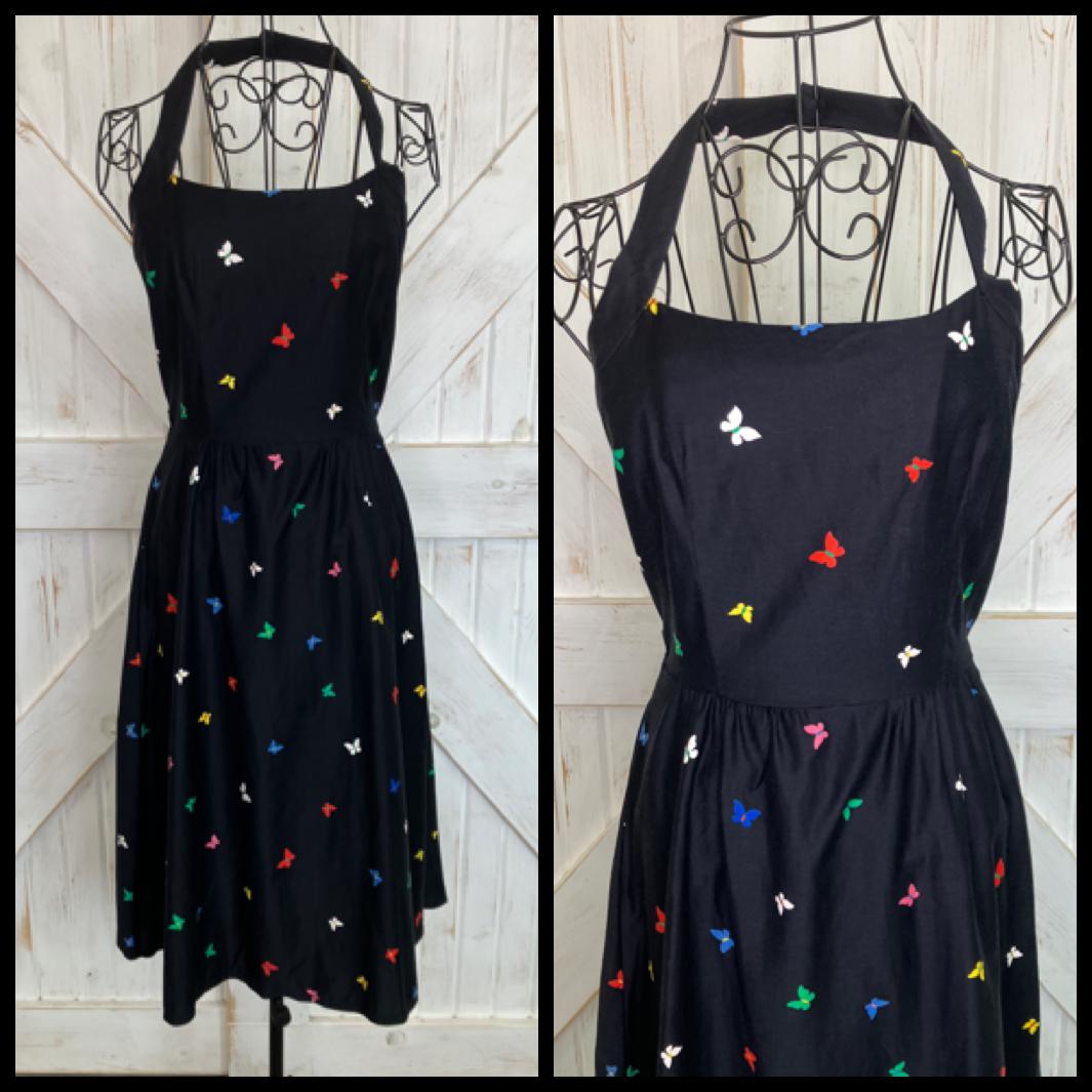 70's Vintage Malia Honolulu Black Rainbow Butterflies Hawaiian Halter Sundress Midi Dress