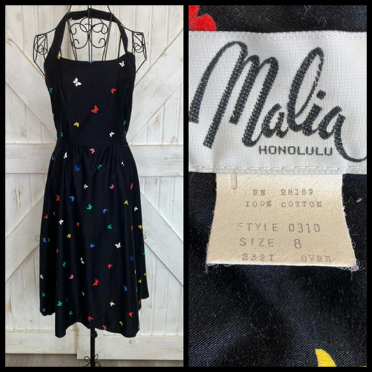 70's Vintage Malia Honolulu Black Rainbow Butterflies Hawaiian Halter Sundress Midi Dress