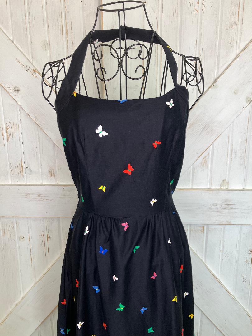 70's Vintage Malia Honolulu Black Rainbow Butterflies Hawaiian Halter Sundress Midi Dress
