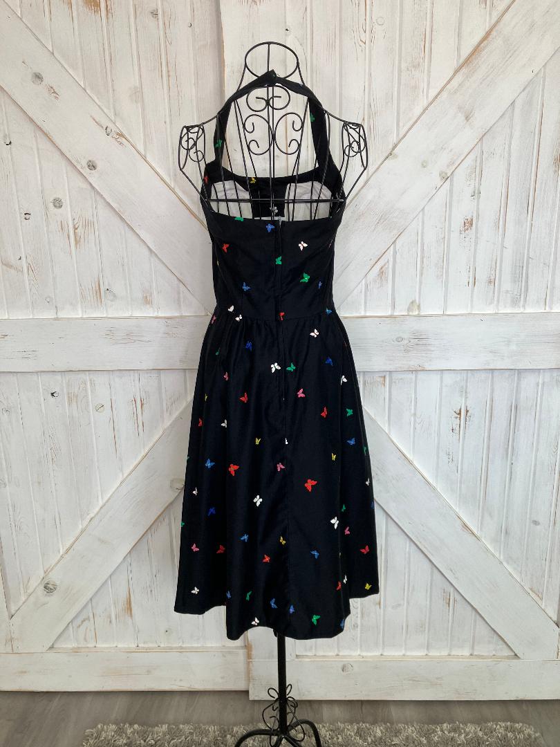 70's Vintage Malia Honolulu Black Rainbow Butterflies Hawaiian Halter Sundress Midi Dress