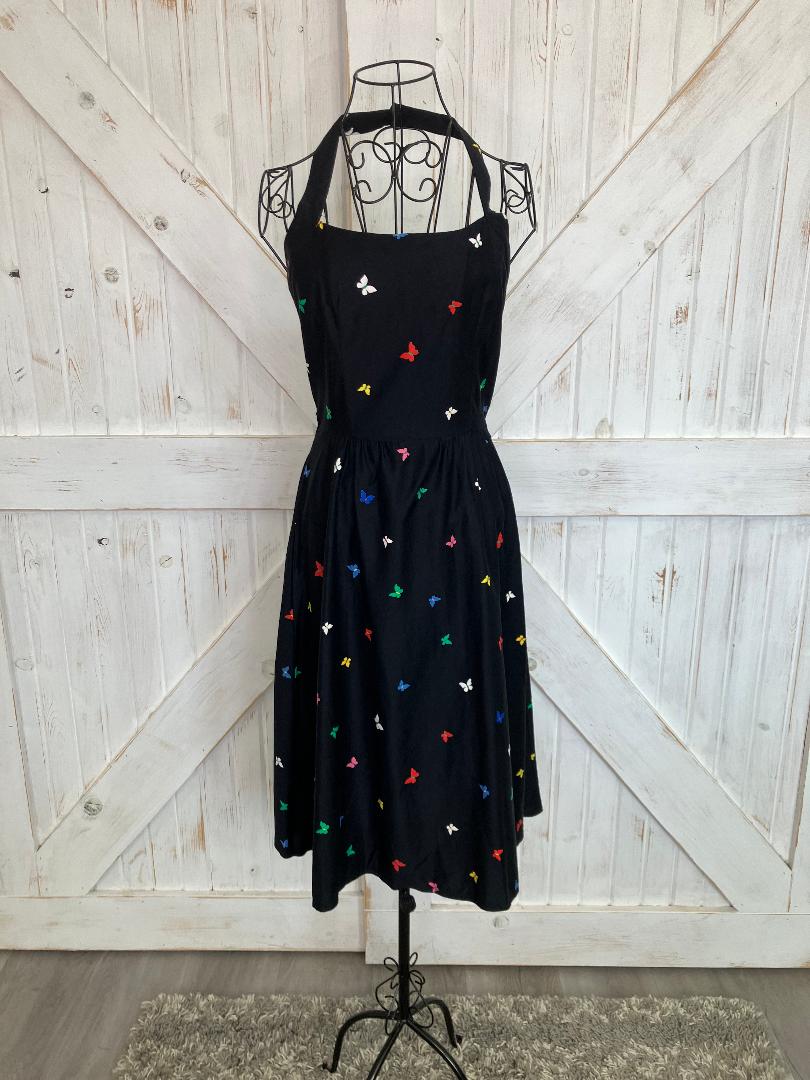 70's Vintage Malia Honolulu Black Rainbow Butterflies Hawaiian Halter Sundress Midi Dress