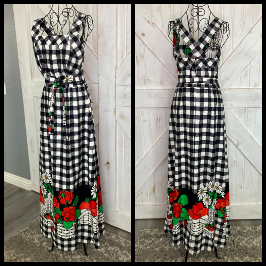 70's Vintage Malia Honolulu Black White Check Red Green Strawberries Apple Daisies Hawaiian Maxi Sundress Dress