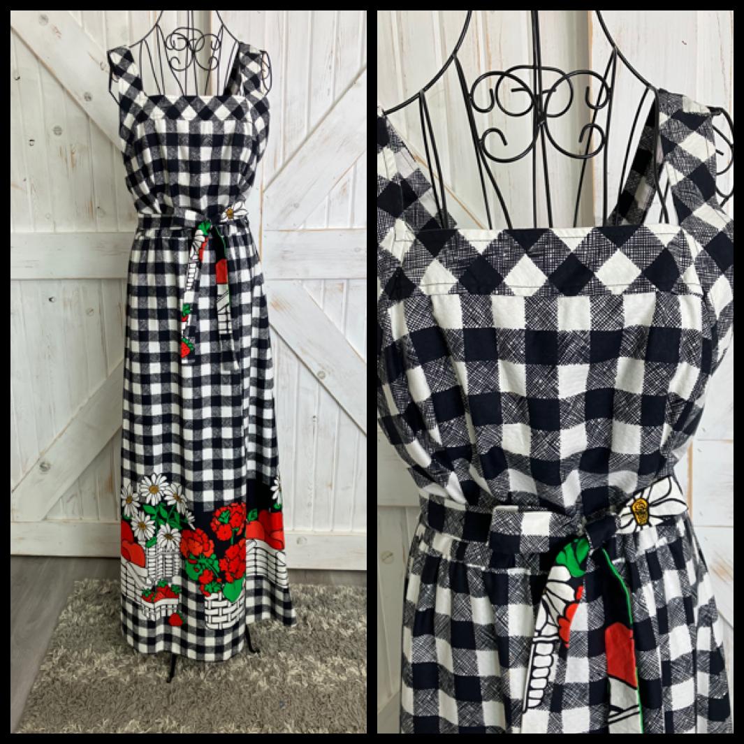 70's Vintage Malia Honolulu Black White Check Red Green Strawberries Apple Daisies Hawaiian Maxi Sundress Dress