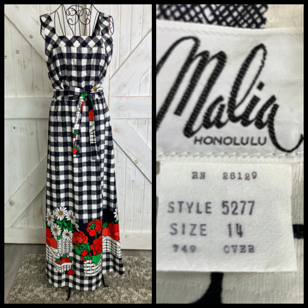 70's Vintage Malia Honolulu Black White Check Red Green Strawberries Apple Daisies Hawaiian Maxi Sundress Dress