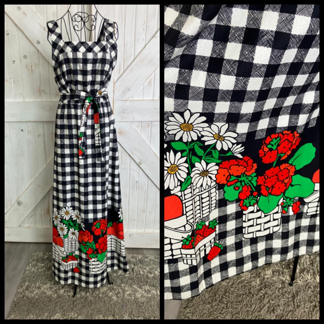 70's Vintage Malia Honolulu Black White Check Red Green Strawberries Apple Daisies Hawaiian Maxi Sundress Dress