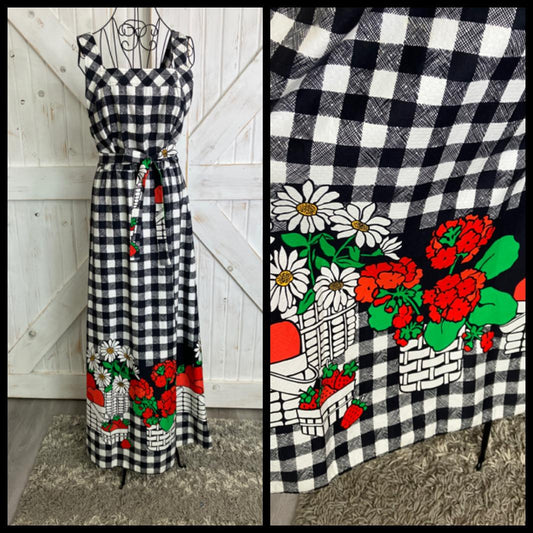 70's Vintage Malia Honolulu Black White Check Red Green Strawberries Apple Daisies Hawaiian Maxi Sundress Dress