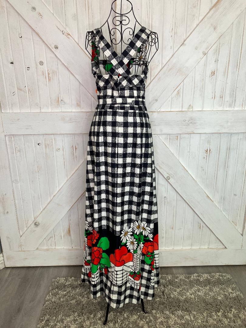 70's Vintage Malia Honolulu Black White Check Red Green Strawberries Apple Daisies Hawaiian Maxi Sundress Dress