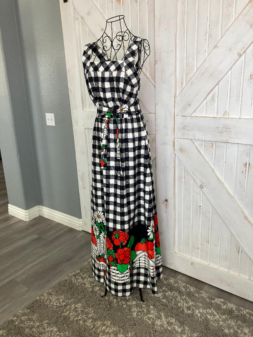 70's Vintage Malia Honolulu Black White Check Red Green Strawberries Apple Daisies Hawaiian Maxi Sundress Dress