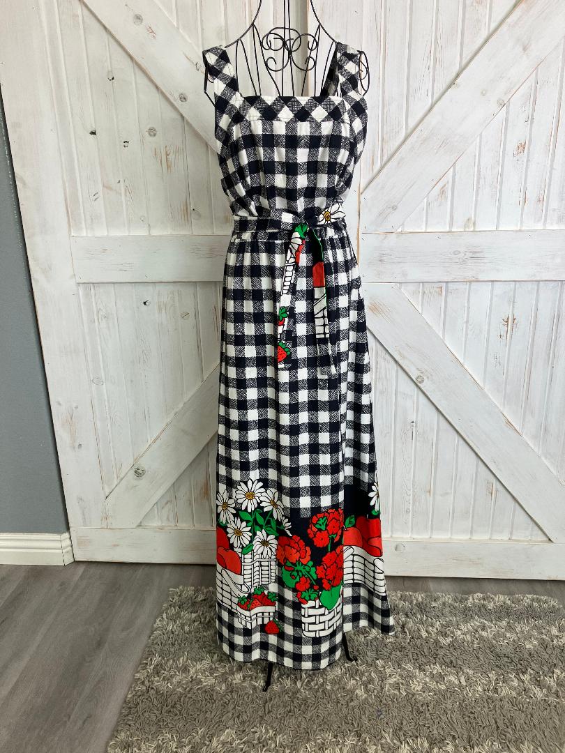 70's Vintage Malia Honolulu Black White Check Red Green Strawberries Apple Daisies Hawaiian Maxi Sundress Dress
