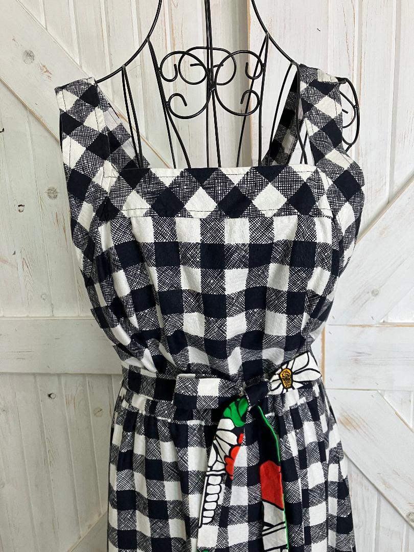 70's Vintage Malia Honolulu Black White Check Red Green Strawberries Apple Daisies Hawaiian Maxi Sundress Dress