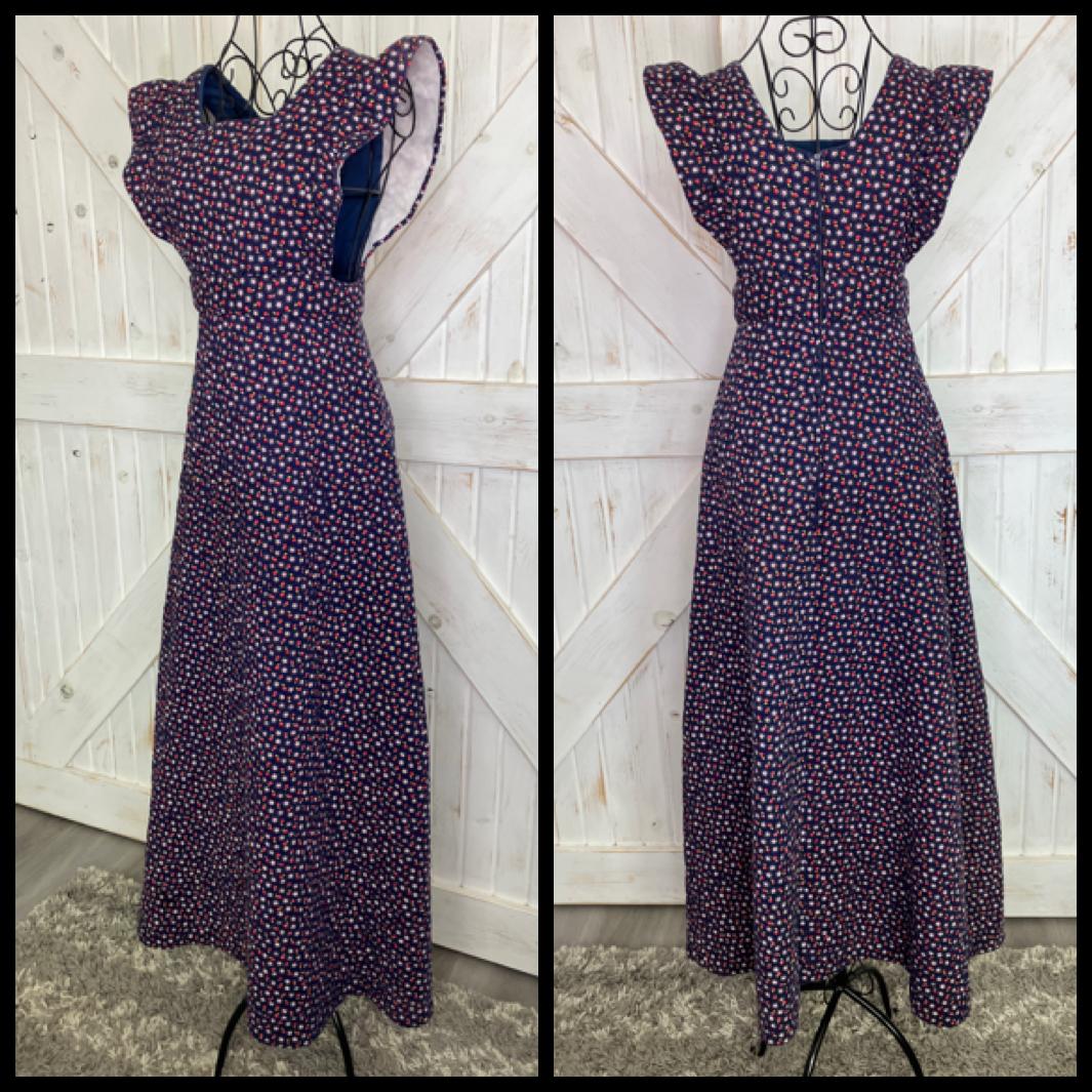 70's Vintage Handmade Blue Red White Apple Daisy Quilted Pinafore Maxi Dress