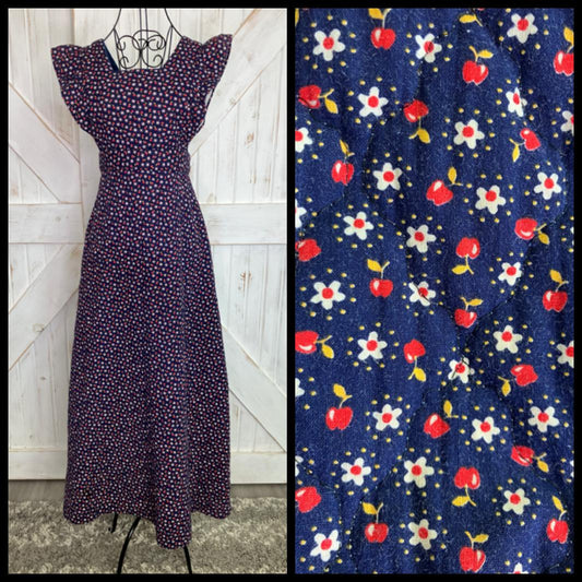 70's Vintage Handmade Blue Red White Apple Daisy Quilted Pinafore Maxi Dress