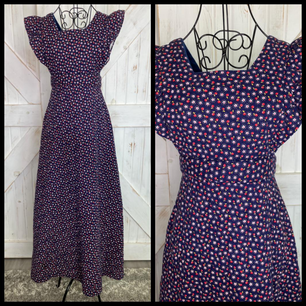70's Vintage Handmade Blue Red White Apple Daisy Quilted Pinafore Maxi Dress