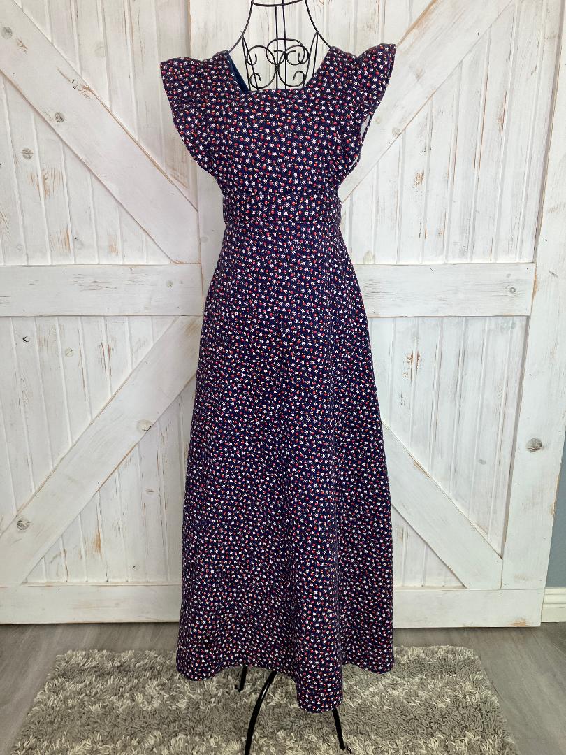 70's Vintage Handmade Blue Red White Apple Daisy Quilted Pinafore Maxi Dress