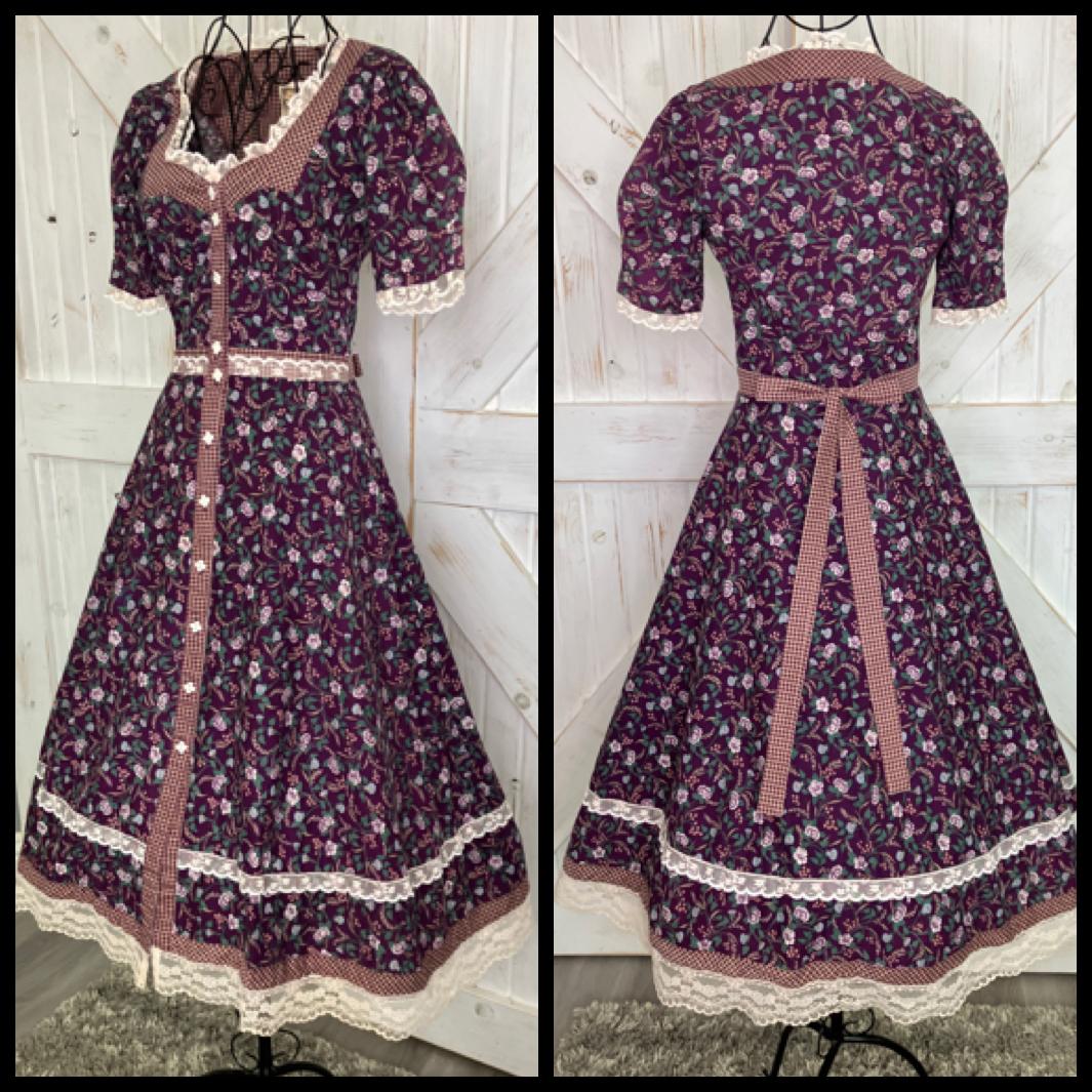 70's Vintage Gunne Sax Purple White Green Calico Prairie Midi Dress 7