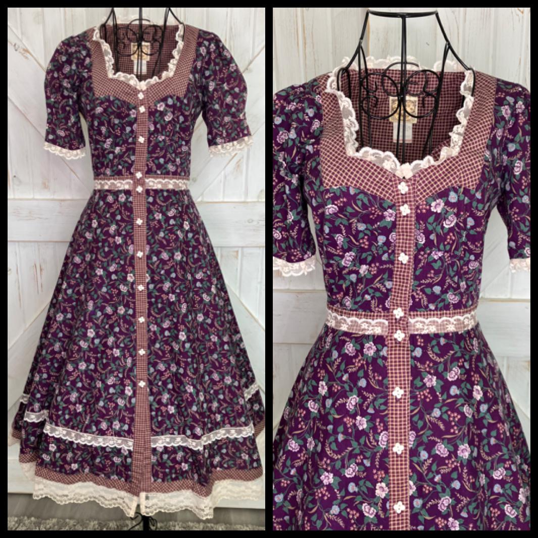 70's Vintage Gunne Sax Purple White Green Calico Prairie Midi Dress 7
